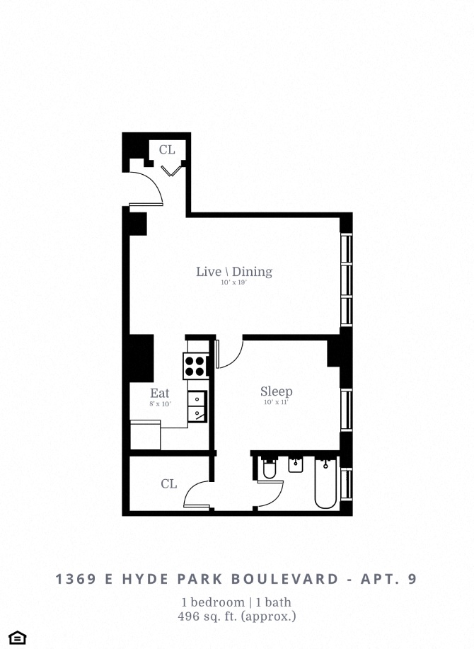 Floor plan for 1 bed, 1 bath, 496 sqft